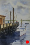 seascape, maine, sprucehead, coast, wharf, dock, tide, fishing, boat, sea, ocean, original watercolor painting, oberst